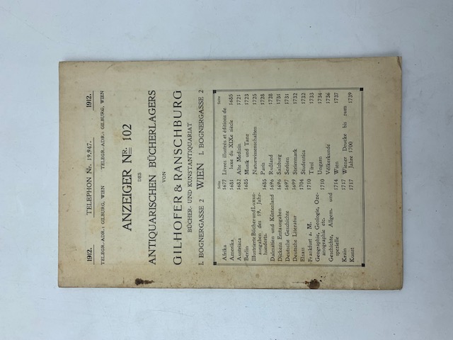 Anzeiger Nr 102 des Antiquarischen Bucherlagers von Gilhofer & Ranschburg, Wien